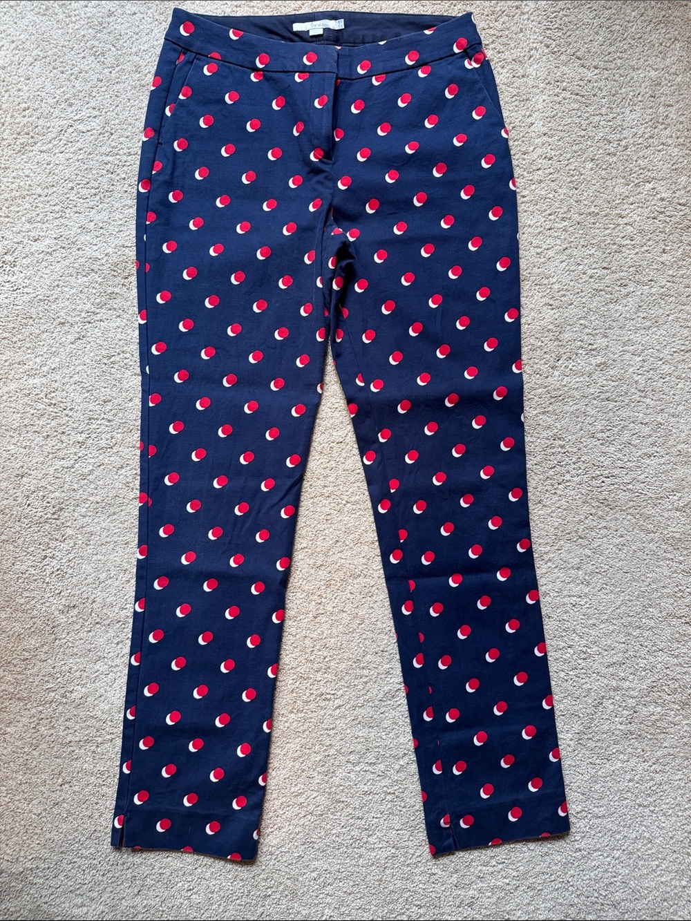 Boden Navy Straight Leg Pants with Red Polka Dot Print